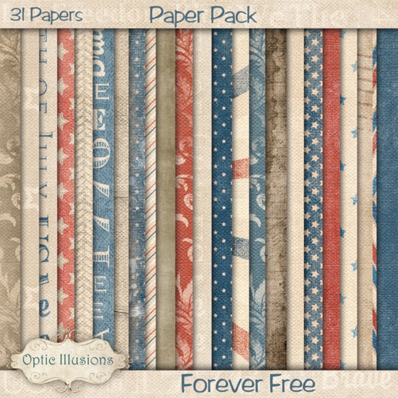 Puede incluir: Un paquete de papel digital con 31 dise&ntilde;os diferentes en rojo, blanco y azul. Los dise&ntilde;os incluyen estrellas, rayas y patrones florales. El texto "Paper Pack" y "Forever Free" es visible en la imagen.