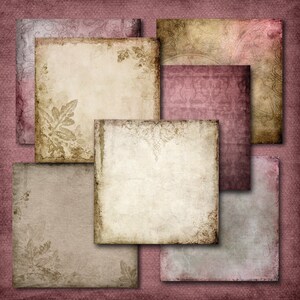 May include: A set of six vintage-style paper squares with distressed edges and a faded background. The papers feature a variety of patterns, including floral, paisley, and geometric designs. The papers are perfect for scrapbooking, card making, and other craft projects.