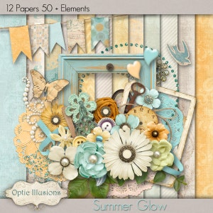 SUMMER GLOW Digital Scrapbooking Kit 12 Papers Over 50 Elements 5.00 image 1