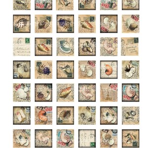 May include: A set of 36 vintage-style digital paper squares featuring seashells and postage stamps. The papers are beige with handwritten text and are perfect for scrapbooking, card making, and other craft projects.