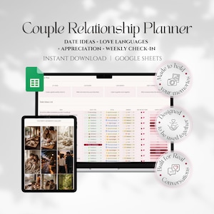 Può includere: Un pianificatore di relazioni di coppia digitale visualizzato su un laptop e un tablet. Il pianificatore include sezioni per idee per appuntamenti, linguaggi d'amore, apprezzamento e check-in settimanali. L'immagine presenta anche del testo.