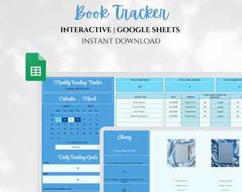 May include: A blue and white Google Sheets template for tracking books read. The template includes a calendar, a reading log, and a library section. The template is designed to help users track their reading progress and manage their book collection.