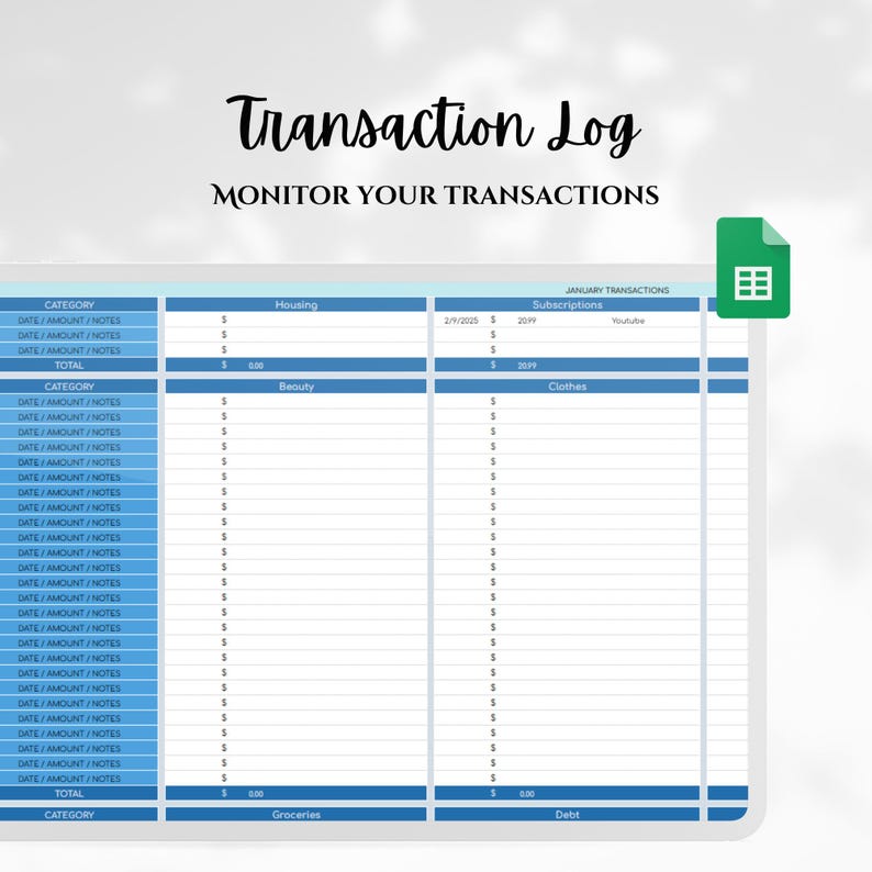 Budget Transaction Sheet.pdf 2026 Budget Planner Google Sheets Digital Spreadsheet Spending ...