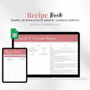 Recipe Book Google Sheets Cookbook Digital Recipe Template 2025 Planner Automated Family Household Food Meal Prep Organizer List Spreadsheet