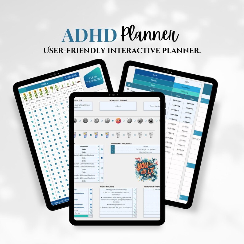 May include: A digital planner app for people with ADHD. The app features a calendar, a mood tracker, a to-do list, and a section for important priorities. The app also includes a section for "You do it!" with a motivational graphic.
