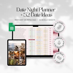 Può includere: Un pianificatore digitale di serate romantiche visualizzato su un laptop e un tablet, con il testo "Date Night Planner + 52 Date Ideas". Il tablet mostra una galleria fotografica. Adesivi circolari decorativi con la scritta "Made to hold your memories".
