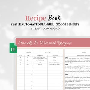 Recipe Book Google Sheets Cookbook Digital Recipe Template 2025 Planner Automated Family Household Food Meal Prep Organizer List Spreadsheet