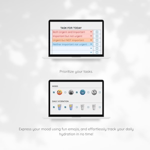 May include: A laptop screen displaying a task prioritization chart with checkboxes and a mood tracker with emojis and a daily hydration tracker with water glass icons. The text on the screen reads "TASK FOR TODAY", "Prioritize your tasks", "MOOD", and "DAILY HYDRATION".