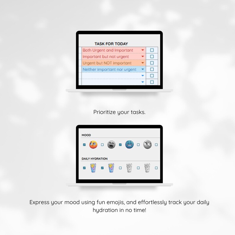 May include: A laptop screen displaying a task prioritization chart with checkboxes and a mood tracker with emojis and a daily hydration tracker with water glass icons. The text on the screen reads "TASK FOR TODAY", "Prioritize your tasks", "MOOD", and "DAILY HYDRATION".