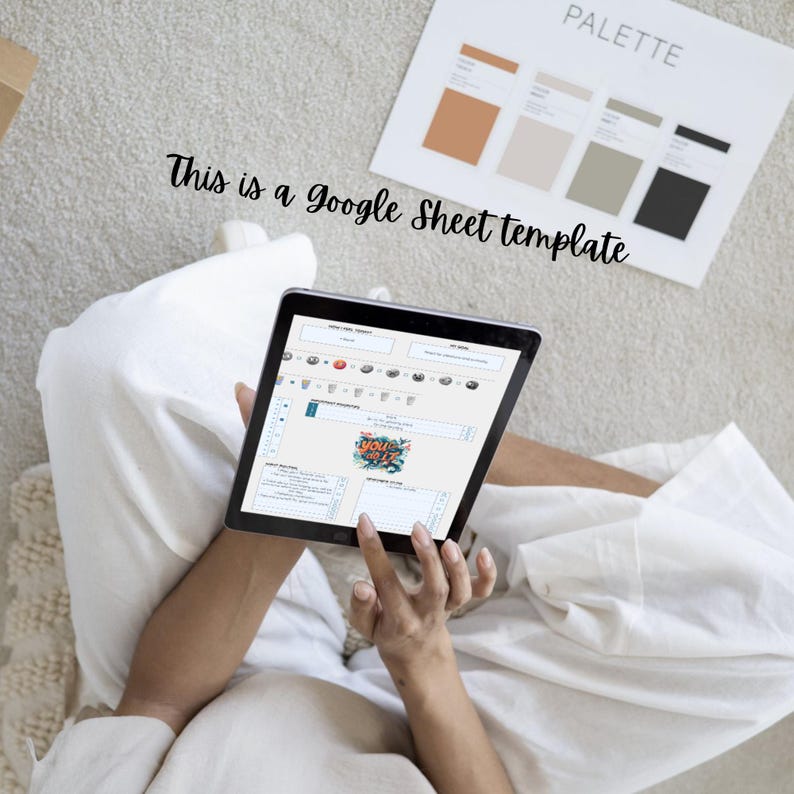 May include: A person using a tablet to view a Google Sheet template. The template is for a product design project and includes sections for product details, target audience, and pricing. The tablet is on a white surface.