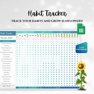May include: A printable habit tracker for December 2024 with a sunflower graphic. The tracker includes a list of daily habits to track, such as 30 minutes of movement, take vitamins/supplements, screen-free meals, acknowledge how you're feeling, play with your pet, pray or meditate, write a gratitude journal, tell someone you love them, take a deep breath, draw your daily diary, day of no spending, wash dishes, make your bed, choose tomorrow's outfit, read before bed, in bed by 10pm, drink 8 glasses of water, and your hobby (coloring, puzzles, collage, whatever).