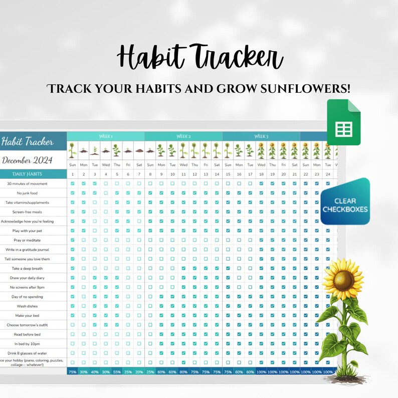 May include: A printable habit tracker for December 2024 with a sunflower graphic. The tracker includes a list of daily habits to track, such as 30 minutes of movement, take vitamins/supplements, screen-free meals, acknowledge how you're feeling, play with your pet, pray or meditate, write a gratitude journal, tell someone you love them, take a deep breath, draw your daily diary, day of no spending, wash dishes, make your bed, choose tomorrow's outfit, read before bed, in bed by 10pm, drink 8 glasses of water, and your hobby (coloring, puzzles, collage, whatever).