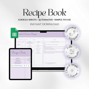 May include: A digital recipe book displayed on a tablet and a laptop. The text on the screen reads "Recipe Book" and "Lunch & Dinner Recipes." The design includes features like automated navigation, a fully customizable layout, and a simple design. The text also says "Instant Download."