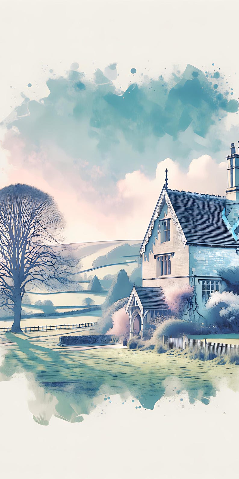 English Cottage Digital Art Print, Floral Garden, Butterfly (digital ...