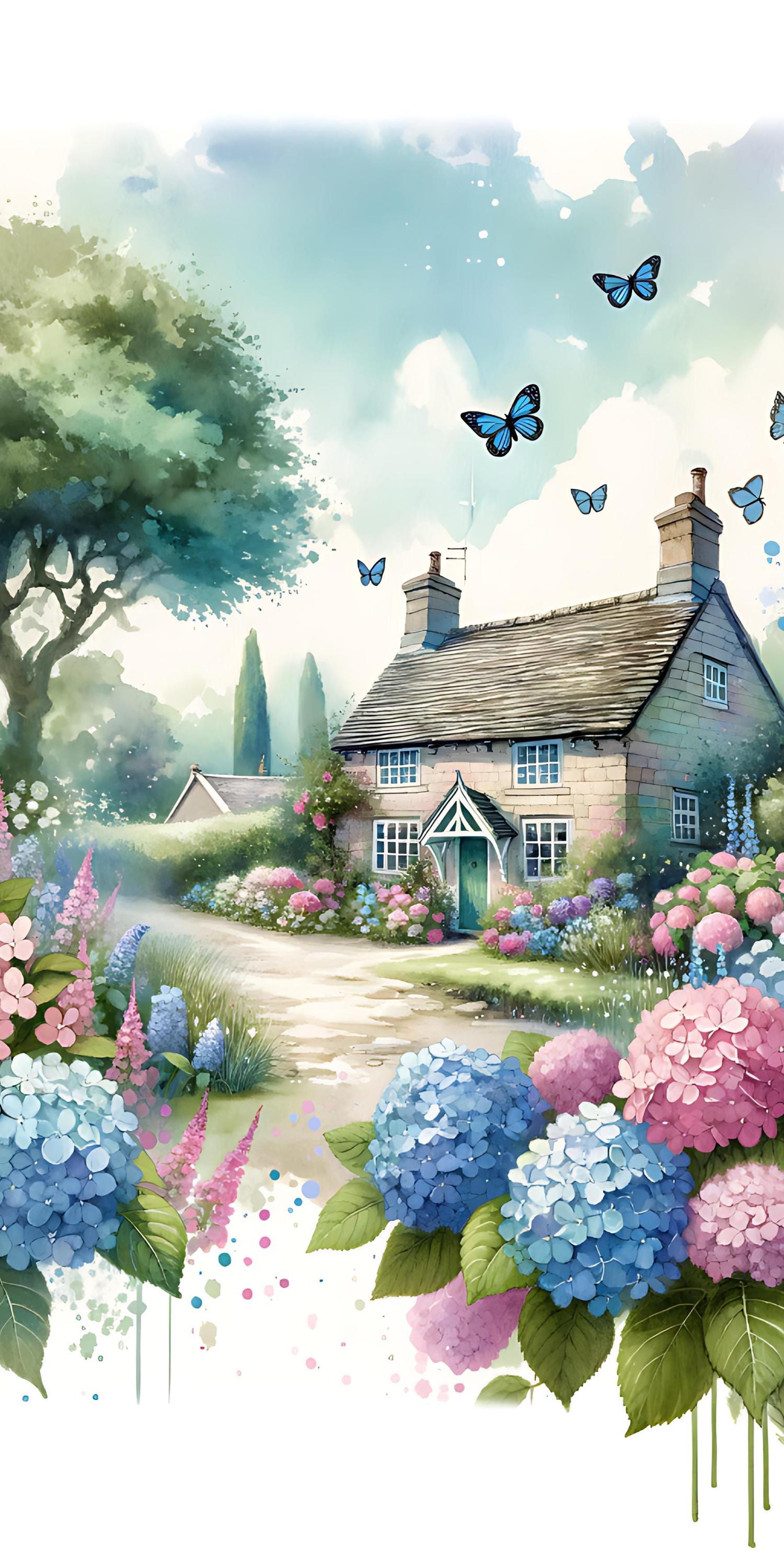 English Cottage Digital Art Print, Floral Garden, Butterfly (digital ...