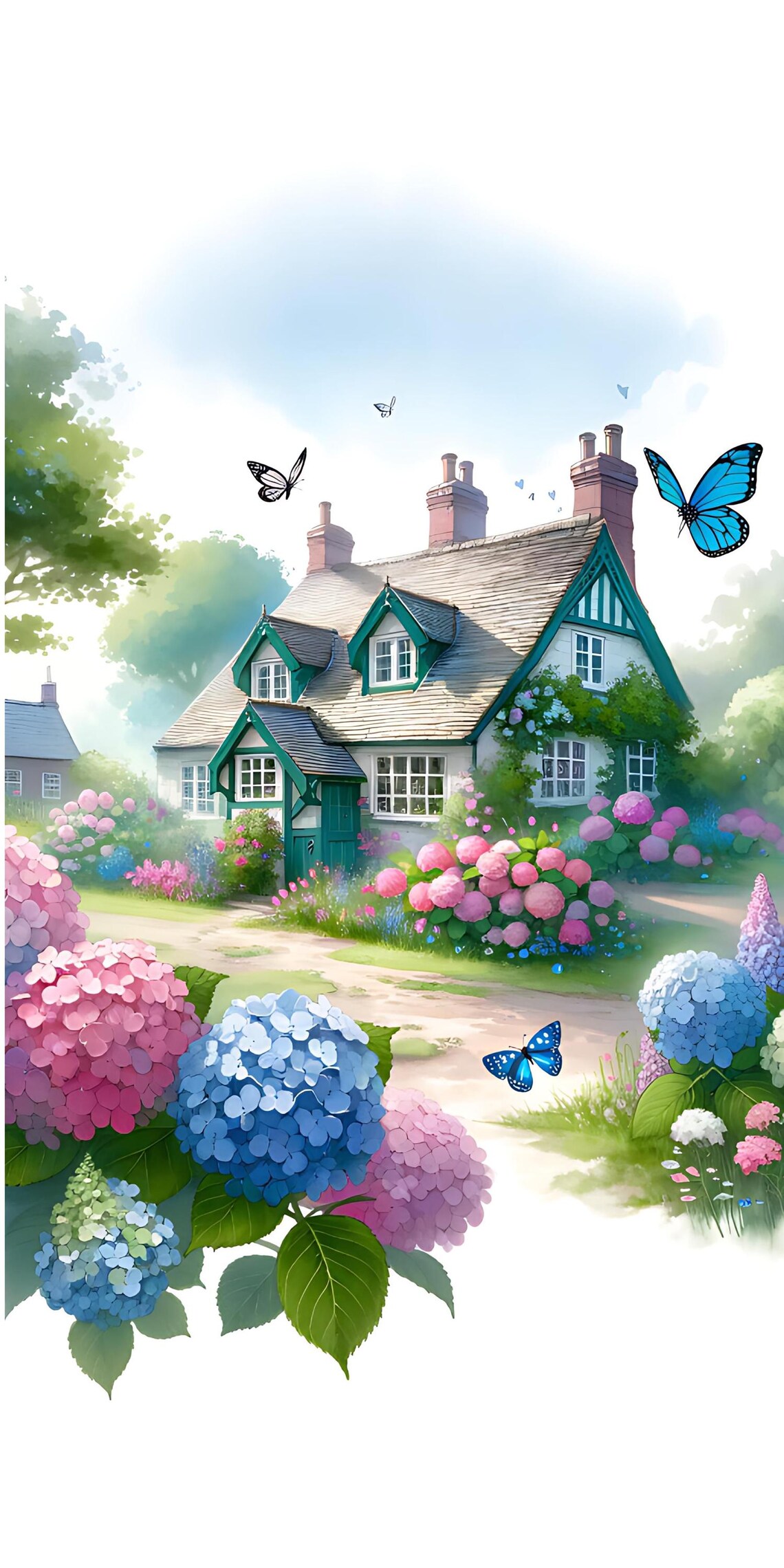 English Cottage Digital Art Print, Floral Garden, Butterfly (digital ...