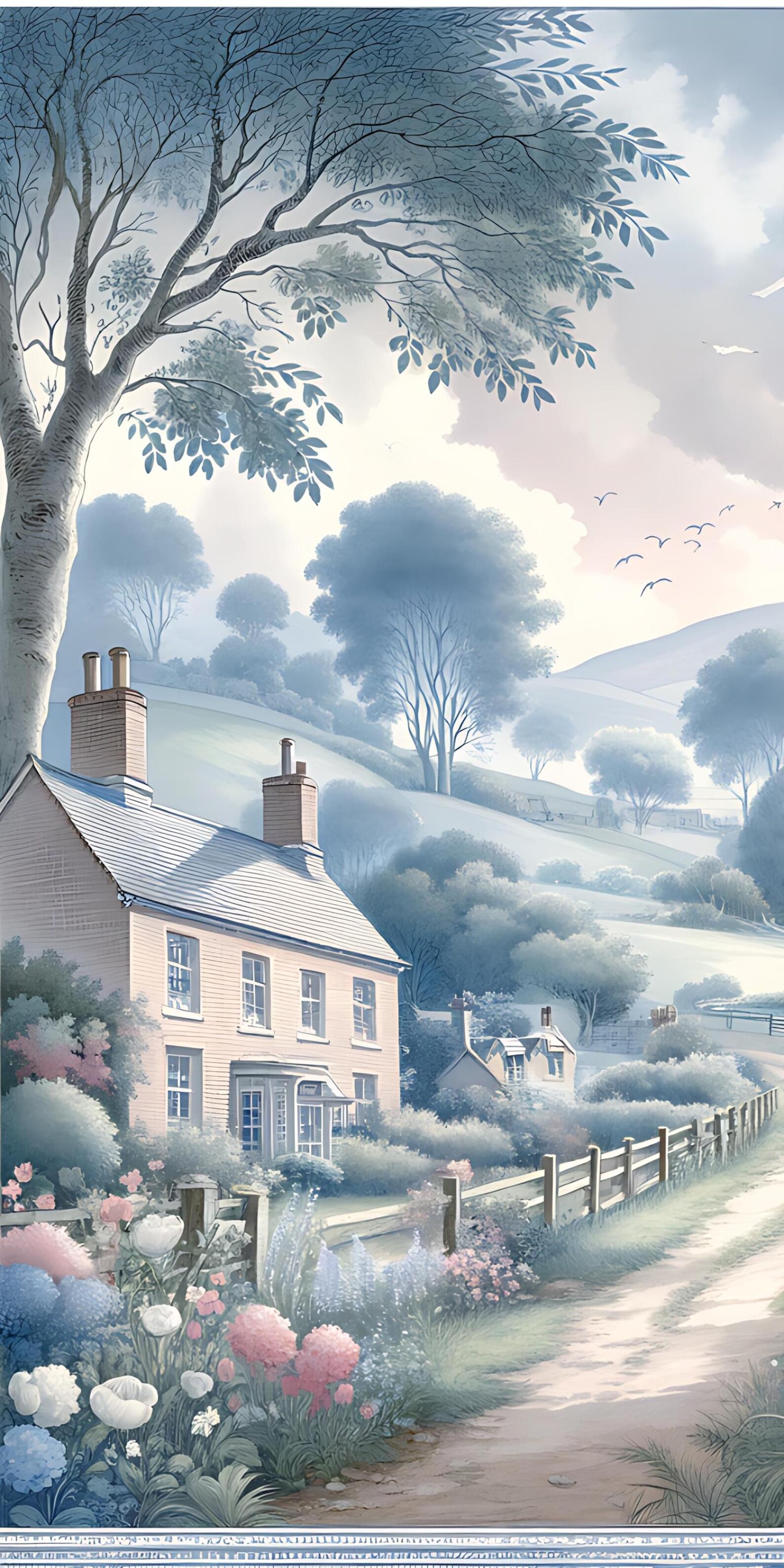English Cottage Digital Art Print, Floral Garden, Butterfly (digital ...