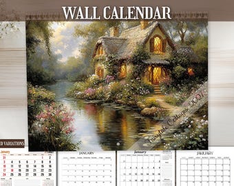 May include: A wall calendar titled Fairytale Cottages 2021 featuring a painting of a stone cottage with glowing windows beside a river, surrounded by lush greenery and flowers, with four different monthly grid layout variations below.