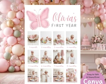Butterfly Milestone Poster Editable Canva 12 Month Photo Board