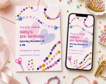 Friendship Bracelet Birthday Invitation Template Editable Canva Party Invite Printable and Mobile version