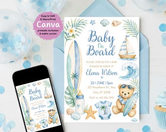 Baby On Board Baby Shower Invitation, Editable Canva Surf Beach Template