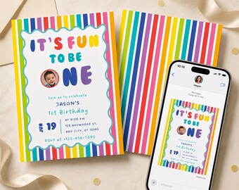 Fun To Be One Birthday Invitation Template, Editable Canva First Birthday Invite Front & Back