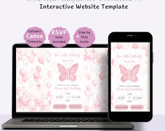 Butterfly First Birthday Website Invitation With RSVP Editable Canva Party Template