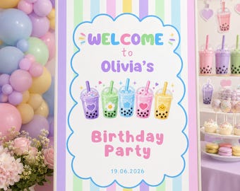 Boba Tea Birthday Welcome Sign Template, Editable Canva Party Sign, Kawaii Decor