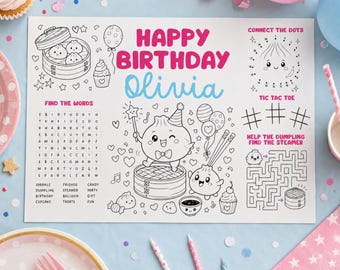 Glanzende knoedel verjaardagplacemat, bewerkbaar canvas activiteitenblad, afdrukbaar kinderfeestje