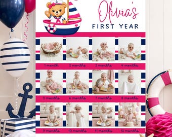 Pink Nautical First Birthday Baby Girl Sailor Milestone Poster Editable Canva 12 Month Photo Board