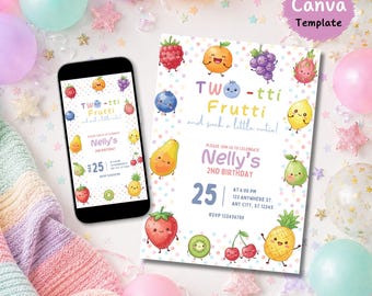 Twotti Frutti Birthday Invitation Template 2nd Birthday Canva Invite Editable Printable and Mobile Version