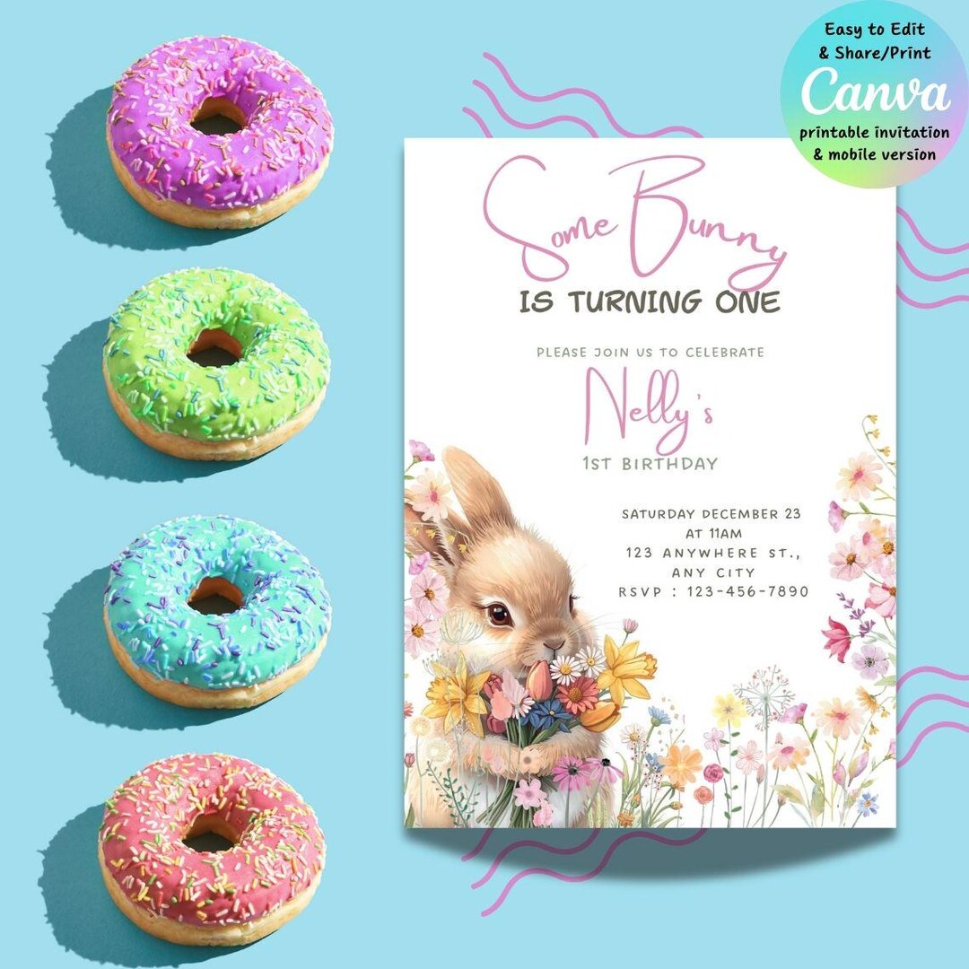 Some Bunny is Turning One, Editable Canva Template, Bunny 1st Birthday ...