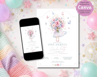 One-derful Garden Party First Birthday Invitation, Editable Canva Butterfly Floral Template