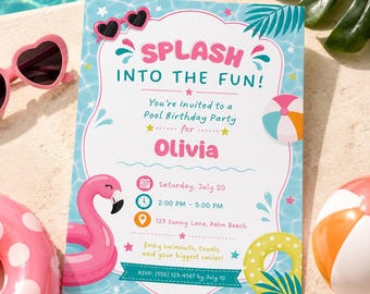 Splash Into the Fun Birthday Invitation, Editable Canva Pool Party Invitation Template