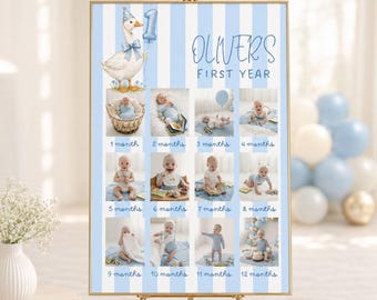 One Silly Goose Milestone Poster Blue Stripes Boy Editable Canva 12 Month Photo Board