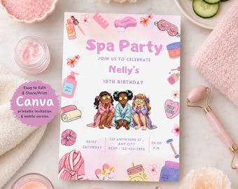 Girls Spa Birthday Invitation Template, Editable Spa Party Invite, Printable Kids Pamper Party