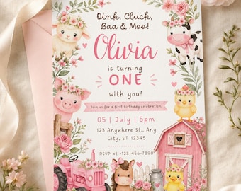 Girly Farm Animals First Birthday Invitation Template, Editable Canva Girl Invite