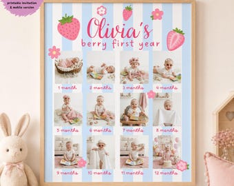 Berry First Milestone Poster Editable Canva 12 Month Photo Board