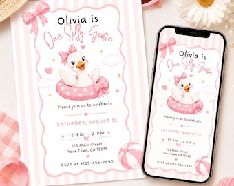 Summer One Silly Goose First Birthday Invitation, Pink Striped Girl Invite (Printable + Mobile)