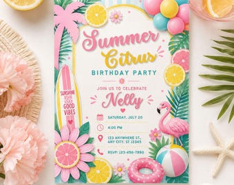 Summer Citrus Birthday Invitation, Editable Canva Pool Party Invitation Template