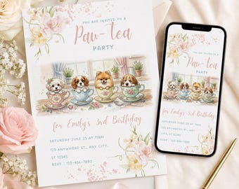 Paw-ty Birthday Invitation Template, Editable Canva Puppy Party Invite (Printable + Mobile)
