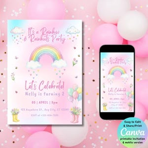 May include: A pink invitation with a rainbow and the text "It's a Rainbow & Rainboots Party." The invitation includes a rainbow, clouds, and balloons. The text "Let's Celebrate!" is also present, along with party details. A smartphone displays the same invitation.
