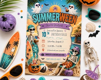 Summerween Birthday Invitation Template Editable Canva Halloween Summer Party Invite