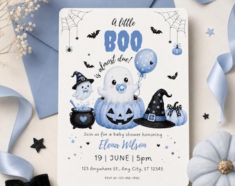 May include: A rectangular baby shower invitation card featuring a white background with blue and black Halloween-themed illustrations. The text reads A little BOO is almost due! Join us for a baby shower honoring Elena Wilson, 19 June, 5pm.
