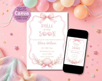 Shell Be Here Soon Baby Shower Invitation Template Editable Canva Invite