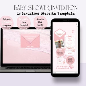 May include: A laptop and smartphone displaying a baby shower invitation template. The laptop shows a pink envelope with the text "Tap to open". The smartphone shows the invitation design with a photo and seashell graphics. Text includes "Baby Shower Invitation" and "Interactive Website Template".
