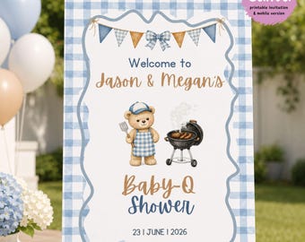 Baby-Q Shower Welcome Sign, BBQ Baby Shower Template Editable Canva Poster