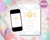 Here Comes The Son Baby Shower Invitation Editable Canva Template Boy Shower