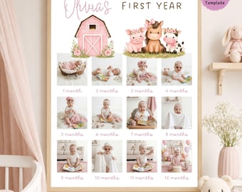 Girly Farm Animals Milestone Poster Cute Pink Editable Canva 12 Month Photo Board