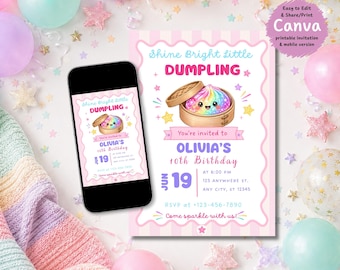 Shiny Dumpling Birthday Invitation Editable Canva Template Kawaii Girl Party Invite